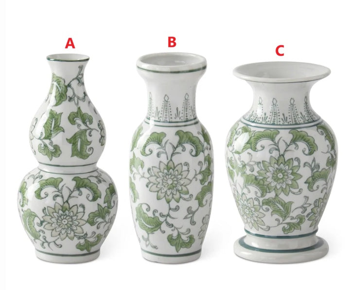 Set of 3 green and white bud vases