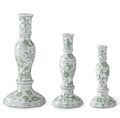 Set of 3 green and white candle stick holders
