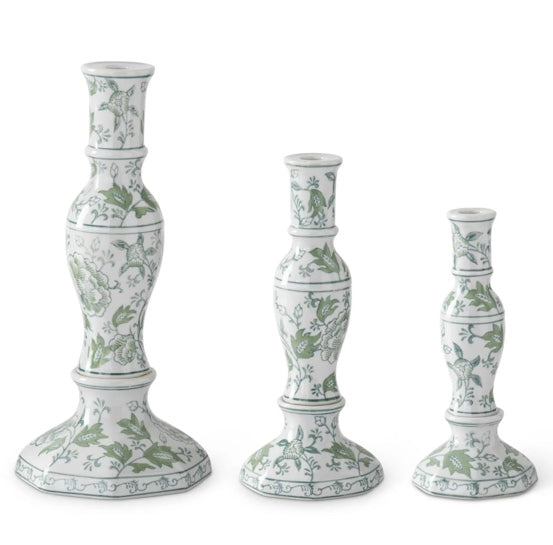 Set of 3 green and white candle stick holders