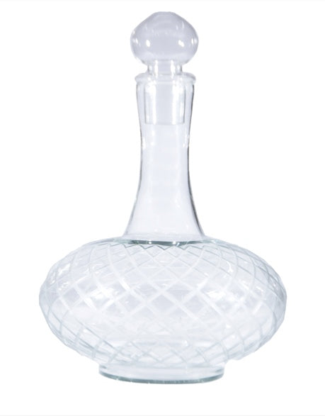 Etched glass decanter with diamond pattern
