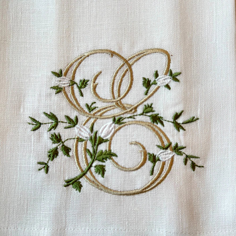 Floral Monogram E Tea towel
