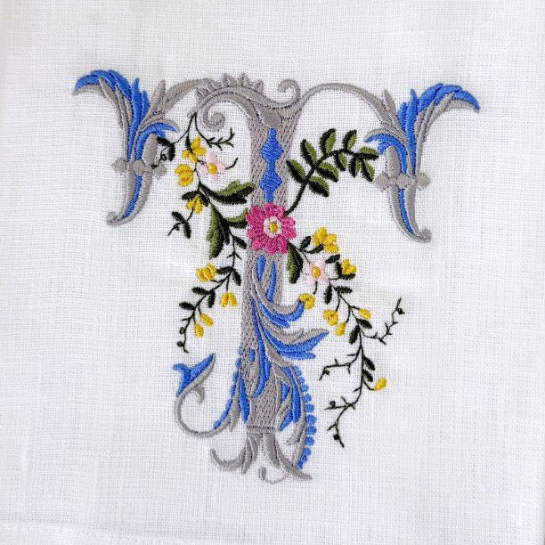 Heritage Floral Monogram T  tea towel