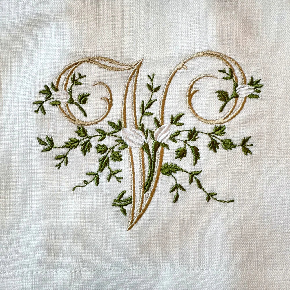Floral Monogram V tea towel